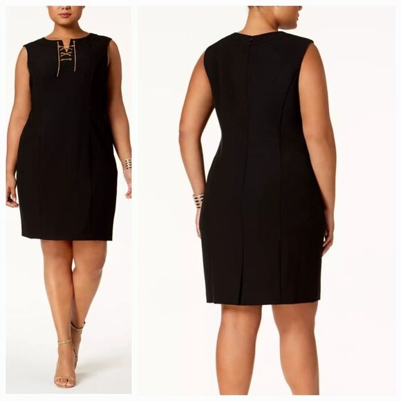 NWT Ellen Tracy Women's Sheath Dress Size 6 Black Sleeveless Lace-Up Gold Chain - Picture 3 of 9